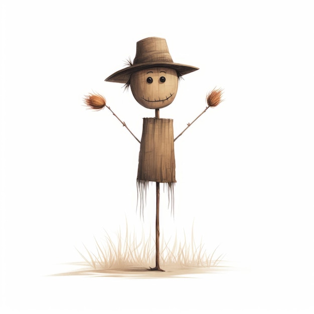 Photo minimalistic childbook scarecrow on stick simple and soft farming illustration