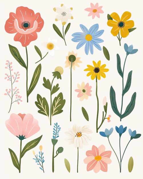 Photo minimalistic clipart of cute spring flowers in pastel colors on white background perfect