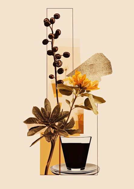 Photo minimalistic collage of a glass of black coffee and plants around in the yellow neutral background