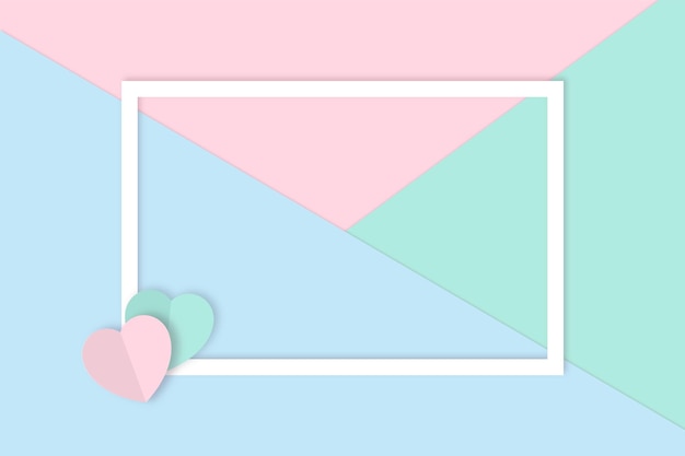 Minimalistic composition of pastel shades of sheets of paper with cut out hearts and a white frame.