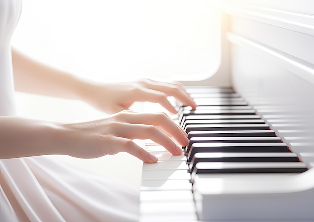 A minimalistic composition of a pianist's hands playing a single note on a stark white piano