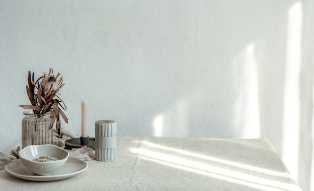 Photo minimalistic composition with scandinavian home decor details copy space.