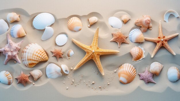 Минималистичная композиция с морскими ракушками и морскими звездами на песке, созданная AI