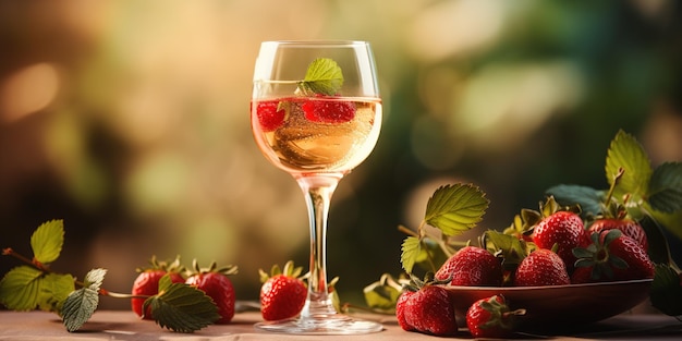 Minimalistic composition with wine glass of champagne and strawberry berry on pink and mint background with bokeh effect Romantic summer background with alcohol drink Copy space