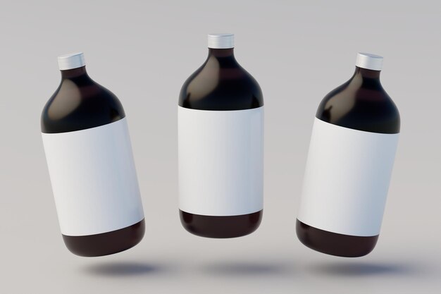 Concetto minimalista cold brew coffee amber brown grande confezione di bottiglie di vetro mockup bottiglie multiple rendering 3d con etichetta vuota