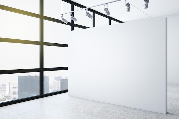 Minimalistic concrete gallery interior with city view daylight and blank wall