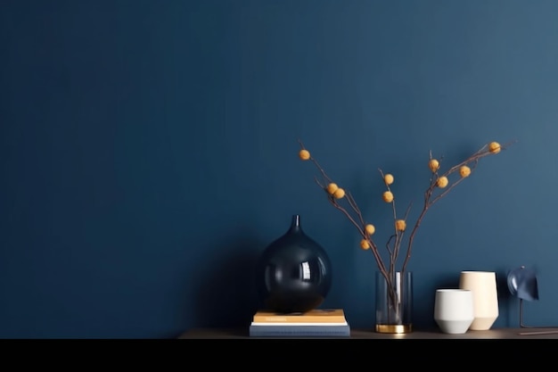 Minimalistic design scandinavian interior with blue wall A golden lamp accessories Generative AI