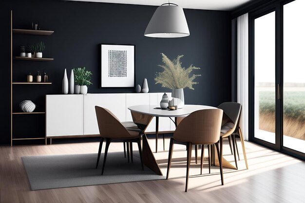 Minimalistic dining desk and chair interior