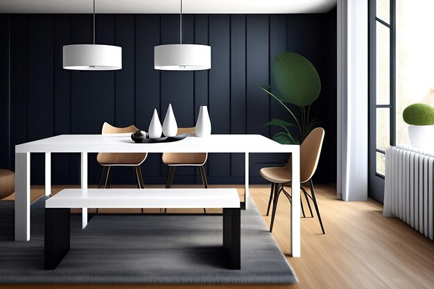 Minimalistic dining desk and chair interior