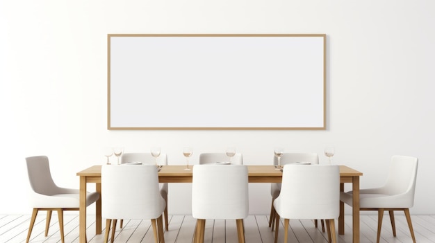 Minimalistic Dining Room With Golden Empty Frame And White Table