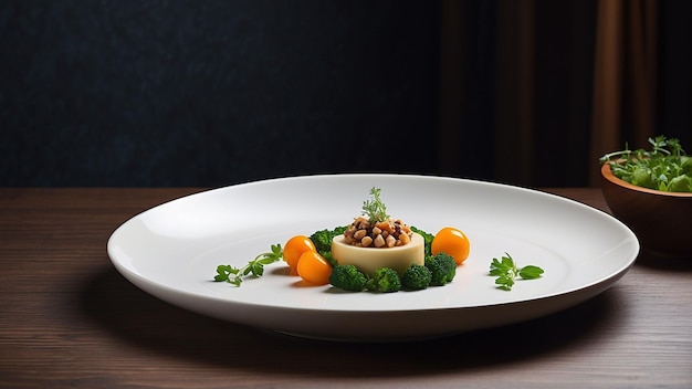 Photo a minimalistic yet elegant vegetarian plate against the backdrop of a dark wooden table in a contemp