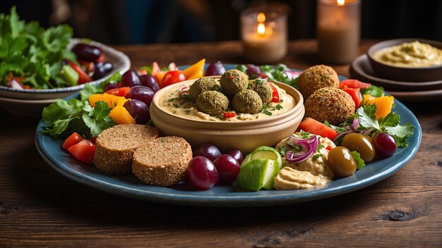 Photo a minimalistic yet elegant vegetarian plate against the backdrop of a dark wooden table in a contemp