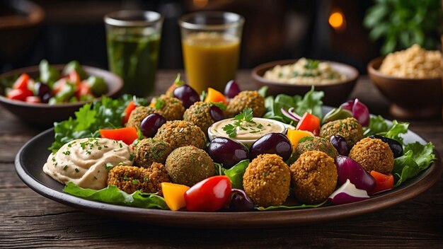 Photo a minimalistic yet elegant vegetarian plate against the backdrop of a dark wooden table in a contemp