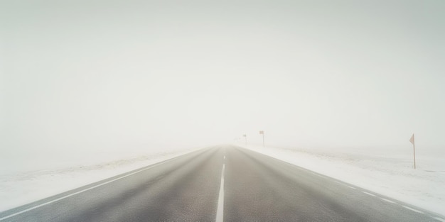 Minimalistic empty highway in winter Road surrounded snow Travel concept Generative AI