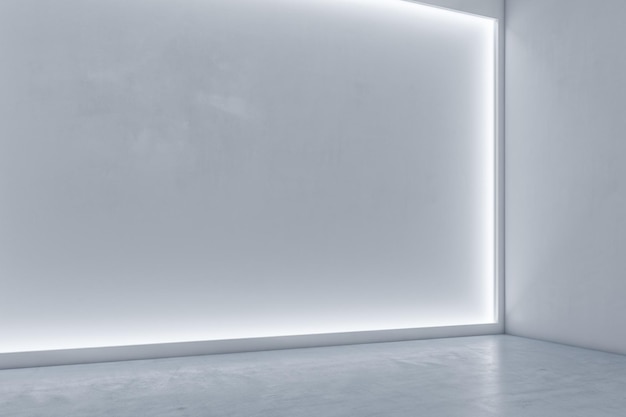 Minimalistic exhibition hall interior with illuminated white\
mock up wall and concrete floor 3d rendering