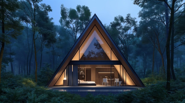 Photo minimalistic a frame cabin home contemporary luxurious home with a small pool bali style green lush forest