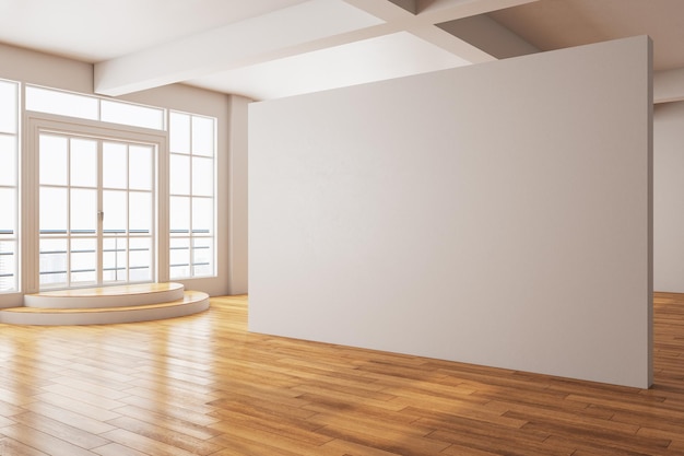 Minimalistic gallery interior with city view and blank wall