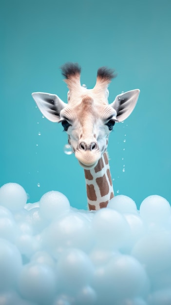 A minimalistic giraffe in a bath with soap bubbles Generative AI