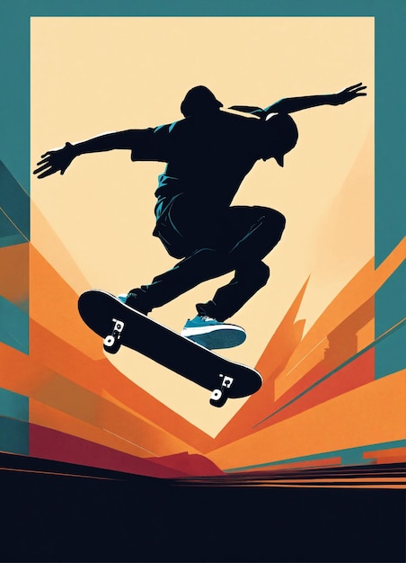 A minimalistic graphic design of a skateboarder in midair using clean lines and negative space to