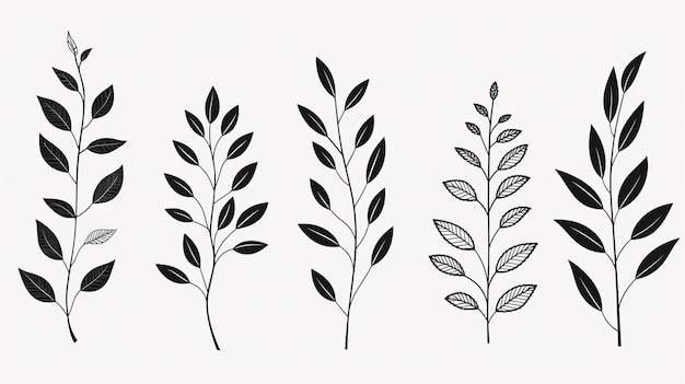 Minimalistic Hand Drawn Black Leaves On White Background