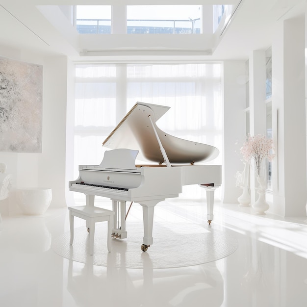 Minimalistic Harmony A Serene White Room with a Grand Piano and a Closeup on the White Tabletop