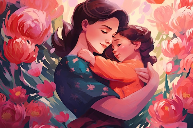 写真 母の日のミニマルなイラスト 子供と母親の抱擁 生成 ai 家族が花に囲まれている