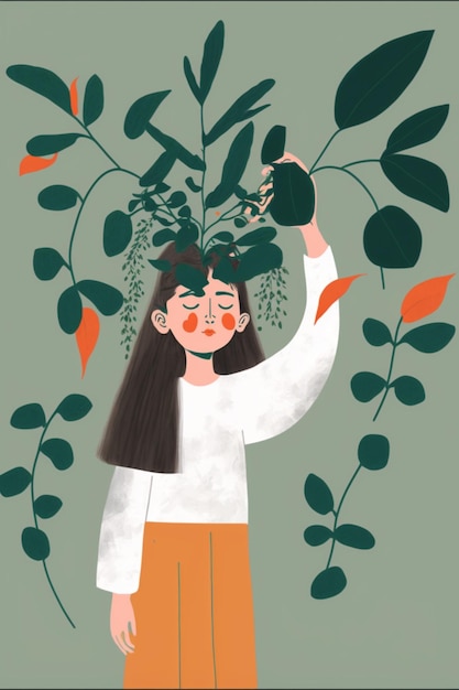 Minimalistic illustration of girl kid and plant Generative Ai