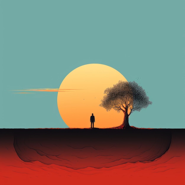 Minimalistic Illustration Of A Man In A Desert At Sunset