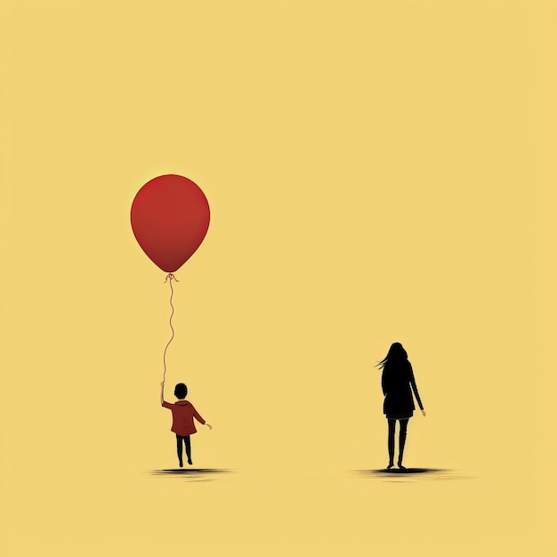 Minimalistic Illustration Silhouette of Man Woman and Girl Holding Balloons