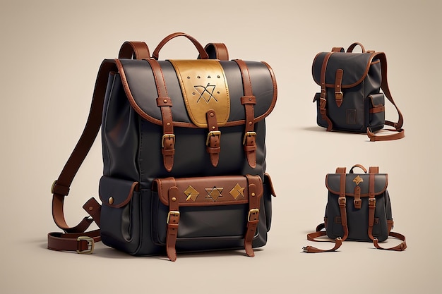 Minimalistic illustrations of a Medieval Backpack DD style Medieval minimalistic background Black and Brown Leather Backpack