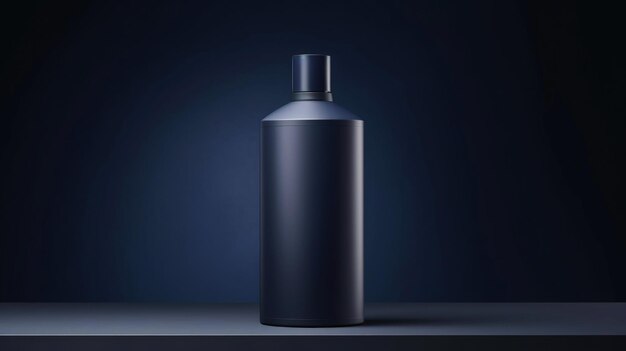 Minimalistic image of a blue shampoo bottle in the center of the podium Luxurious studio lighting Generative AI