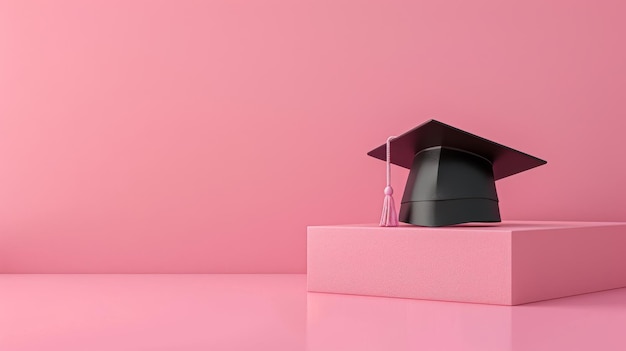 Photo minimalistic image of a graduation cap placed on pastel pink background banner with copy space