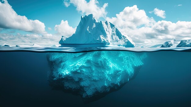 Minimalistic image of an iceberg in ocean with a view under and above the water with a copy space AI