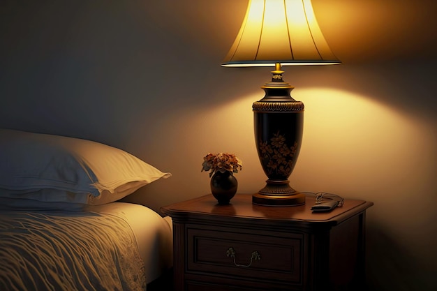 Minimalistic interior in room of hotel bedside lamp