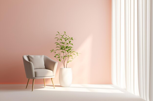 Minimalistic interior with window vase and chair copy space