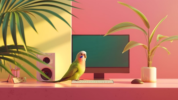minimalistic interpretation of a parakeet exploring an oversized desktop setup ai generated illustration