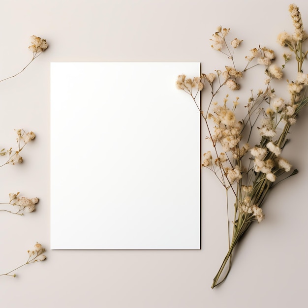 白い背景に白いカードが描かれたミニマリストの招待状のモックアップ ロマンチックなミニマリストスタイル