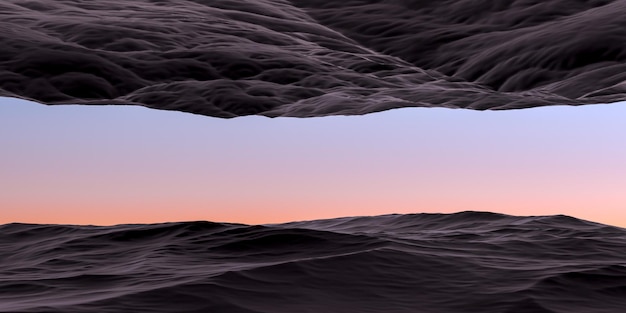 Minimalistic landscape relief of mountains from above and below Mountains abstract landscape sunset3D render