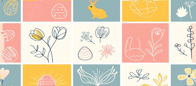 minimalistic line art squares print each adorned with Easter motifs like bunnies eggs flowers