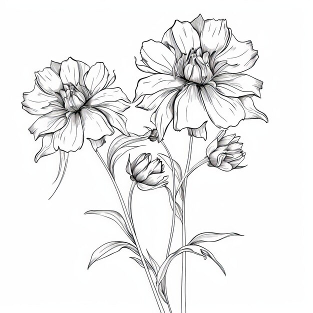 Minimalistic Line Drawing Of Zinniashaped Snapdragon Flowers