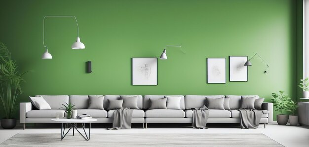 Minimalistic living room interiors with green walls sofas and armchair