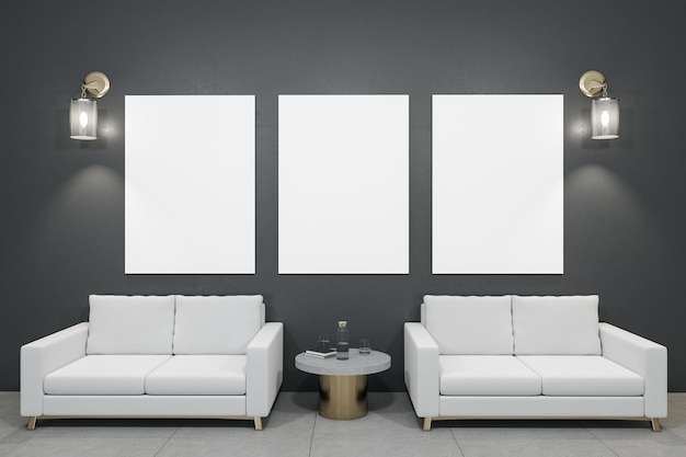 3つの白いバナー壁を持つミニマリストのリビングルーム