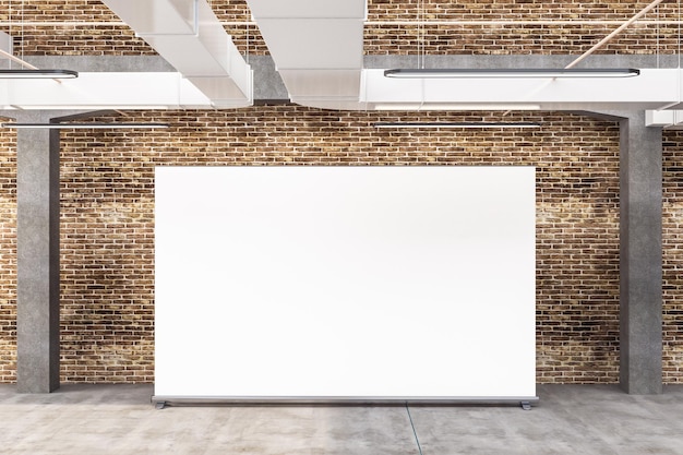 Минималистичный интерьер лофта с пустым баннером на кирпичной стене и бетонном полу. Концепция искусства и дизайна 3D рендеринг