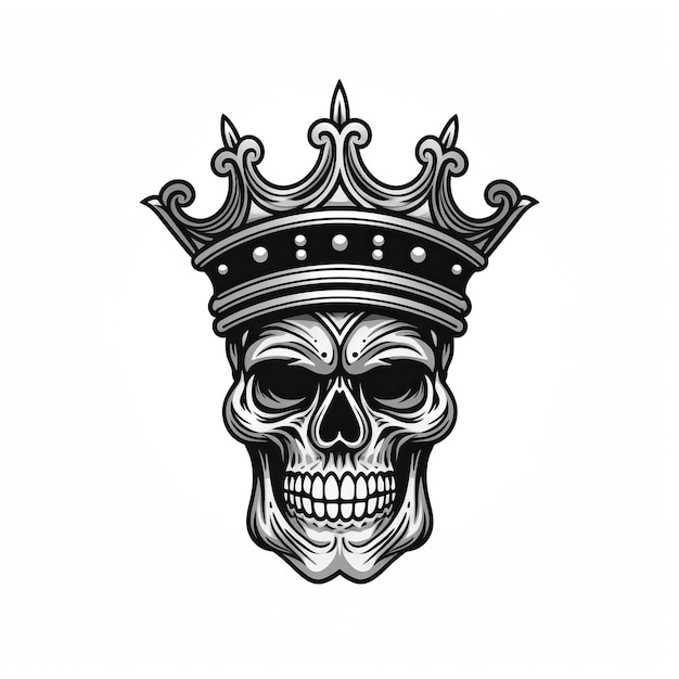 Foto emblema logo minimalista simbolo con re teschio nero in una corona su uno sfondo bianco isolato
