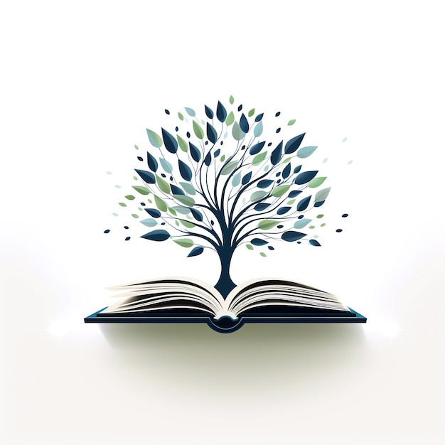 Logo minimalista emblema con libro aperto e albero su sfondo bianco un simbolo per una libreria libreria scuola e istruzione
