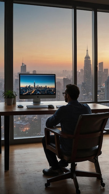 Photo minimalistic modern digital art of home office with city skyline and entrepreneur silhouette