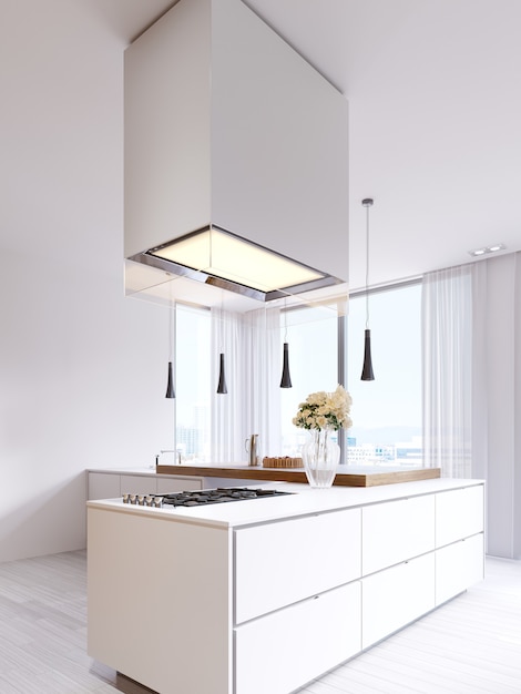 Минималистичная современная кухня в белом цвете с элементами деревянных панелей и столешниц. Встроенная техника, подвесные светильники и отдельно стоящая прямоугольная вытяжка. 3d рендеринг