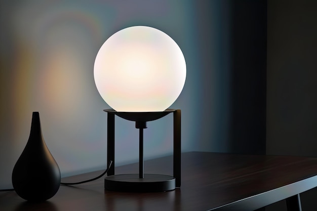 Minimalistic modern lamp with sleek black metal standing on dark mood table