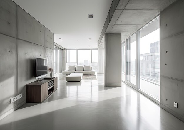 Minimalistic modern white interior with glossy concrete floor and large bright windows Generative Ai