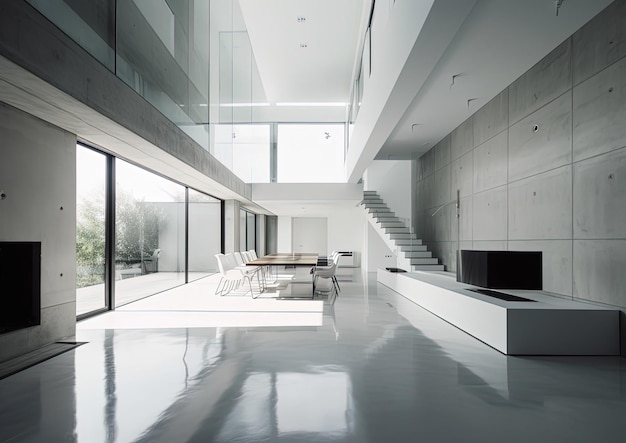 Minimalistic modern white interior with glossy concrete floor and large bright windows Generative Ai